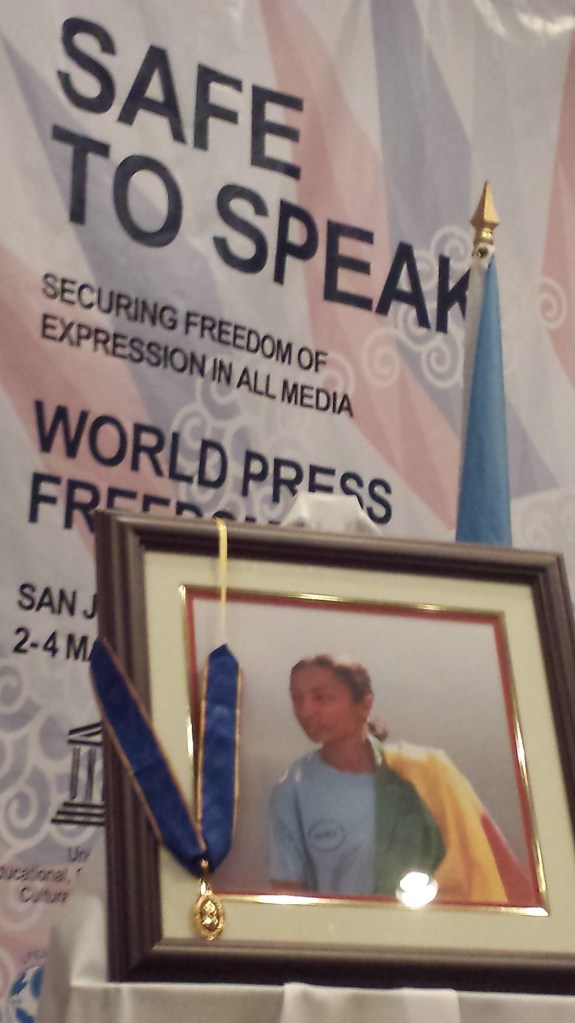 Reeyot's photo at the award ceremony for 2013 World Press Freedom Prize in San Jose Costa Rica.